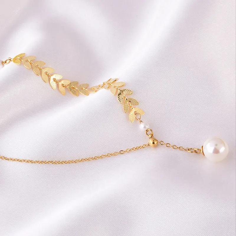 Wheat Leaves Pearl Necklace Gold Adjustable Stainless Steel  #B-045