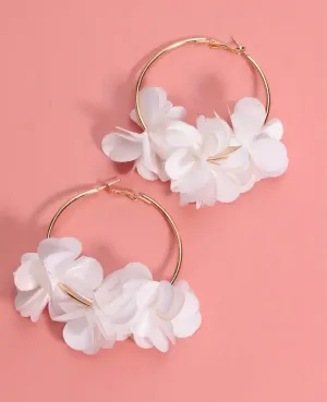 White Chic Fabric Flower Hoop Earrings