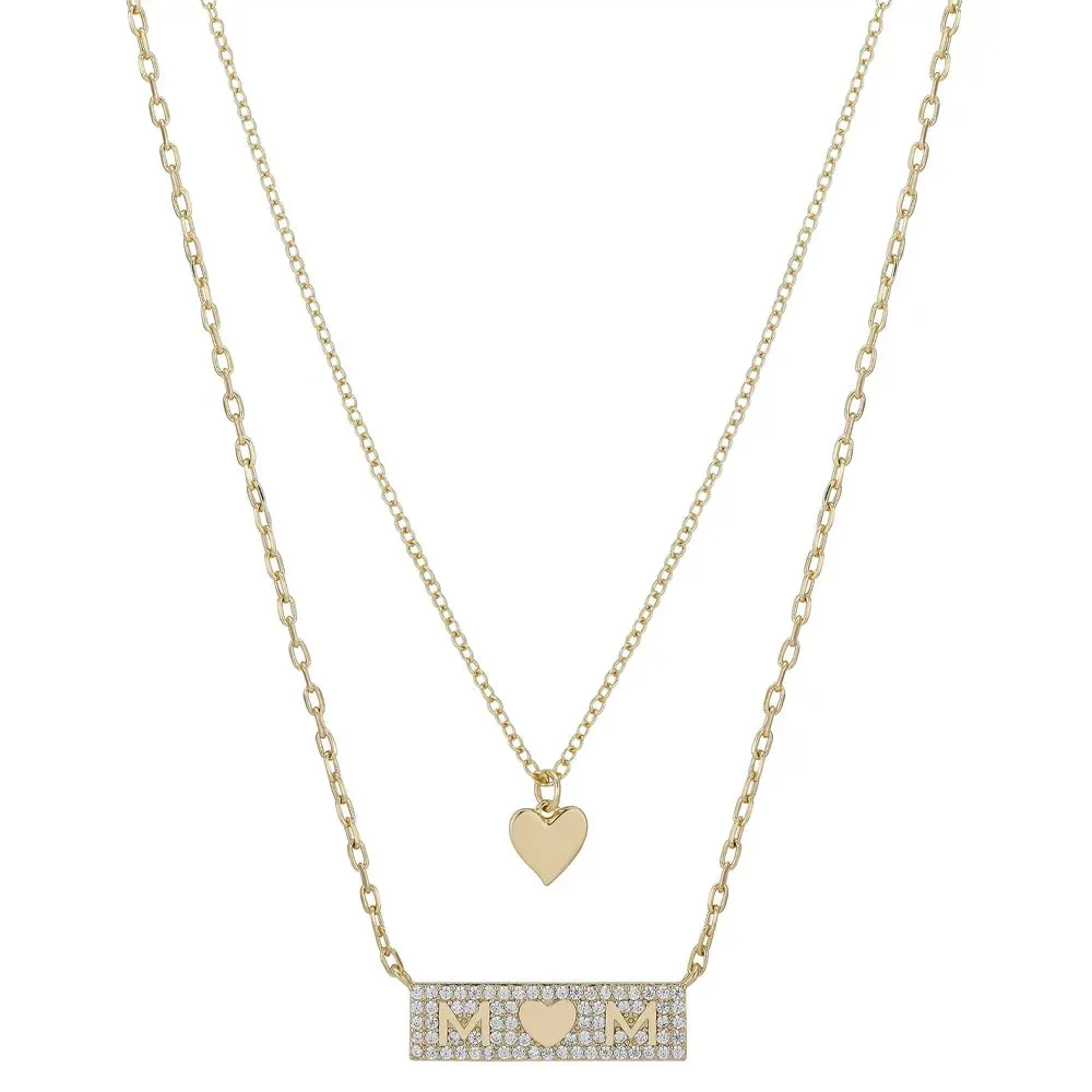 Women's 14Kt Gold Flash Plated Crystal "Mom" Heart Layered Pendant Necklace