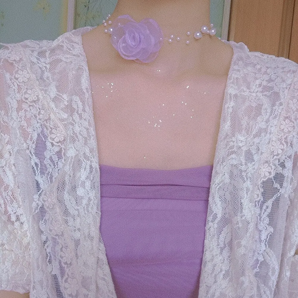 Yarn Flower Choker Pearl Beaded Clavicle Necklace Cute Romantic