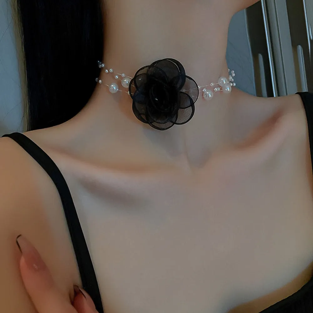 Yarn Flower Choker Pearl Beaded Clavicle Necklace Cute Romantic